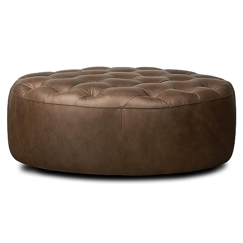 Image of Poly & BARK Ascot Ottoman - 40 inch Round Pouf with Feather-Down Topper - Full-Grain Leather Upholstered Pouf Ottoman for Living Room - Vintage Italian Leather in Cocoa Brown