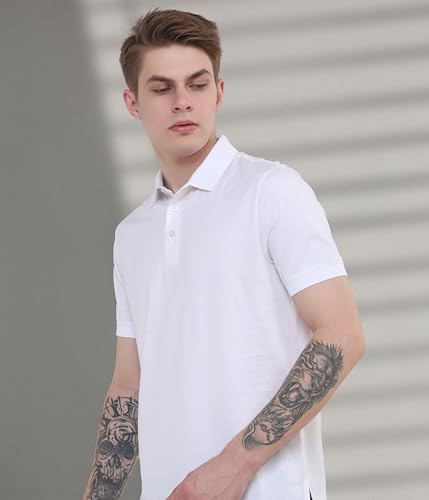 Image of TURMS Men's Mercerized Cotton Solid Polo T-Shirt, Anti-Odor, Moisture Control & Wicking, Jacquard Collared Neck, Half Sleeve