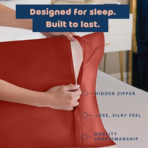 Image of BLISSFORD Satin Pillowcase with Zipper, for Hair and Skin Care, Feels Soft and Cool Like a Silk Pillowcase, Satin Pillow Cases 2 Pack, Slik Pillow Cover, Rust - Standard Size, Set of 2