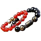 Pulsera de obsidiana negra, pulsera de ágata roja, pulsera de riqueza con amuleto de 12 animales del zodíaco, amuleto de Reiki, pulsera para protegerse del mal, perro, negro, 14 mm