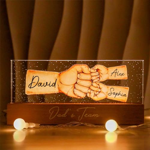 Dad's Team Fist Bump Personalized Acrylic LED Night Light - Custom Father's Day, Christmas, Birthday Gift for Daddy, Papa, Grandpa, Husband - Fathers Day Decor