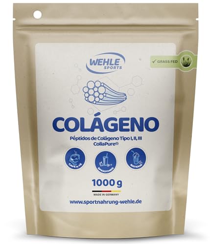 Colageno en Polvo 1000 g – Péptidos de Colágeno Hidrolizado Tipos I, II y III (CollaPure®) – Colageno Hidrolizado Bovino Grass Fed – Sabor Neutro – Producido en Alemania–Wehle Sports Collagen Peptides