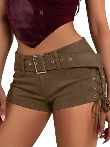 ELLEVEN Womens Faux Leather Micro Shorts Lace Up Side Low Rise Buckle Belt Y2k Western Sexy Cheeky Booty Skinny Lounge Casual Mini Shorts for Women Going Out Club Rave Outfits Brown Small