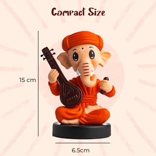 Image of Ganesh Idol for Car Dashboard Bobblehead, Home Decor Items for Living Room, Office Desk, Ganpati Murti for Gifting, God Statue for Good Luck, Superhero Action Figure, Sitar and Kartal, Orange
