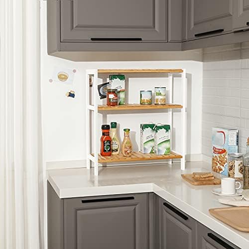 SONGMICS Bamboo Storage Shelf, 3-Tier Plants Shoe Rack, Multipurpose, in the Entryway, Bathroom, Living Room, Balcony, Kitchen, Natural and White BCB33WN