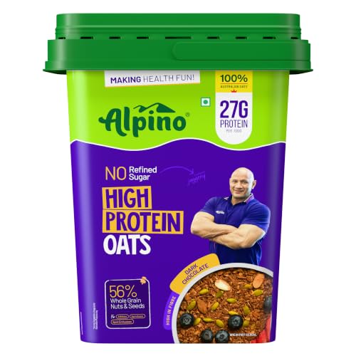 Image of ALPINO 27% High Protein Oats Dark Chocolate 2 kg - Rolled Oats, Protein Blend, Jaggery Powder, Cocoa Powder, Nuts & Seeds - 27g Protein, Source of Dietary Fibre & Healthy Fats, No Refined Sugar & Salt