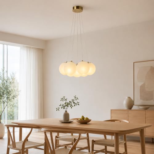 Suspension 7 globes Alpinaluz plafonnier doré avec verre blanc E14