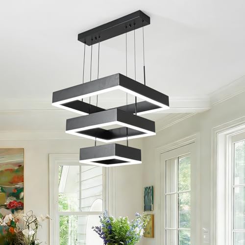 O'NEELDY Modern Chandelier 58W LED Black Pendant Light Embedded Mount Square Rings LED Chandeliers Dining Room Light Fixtures for Kitchen Bedroom, 6000K by O'NEELDY - Used condition - Image 9