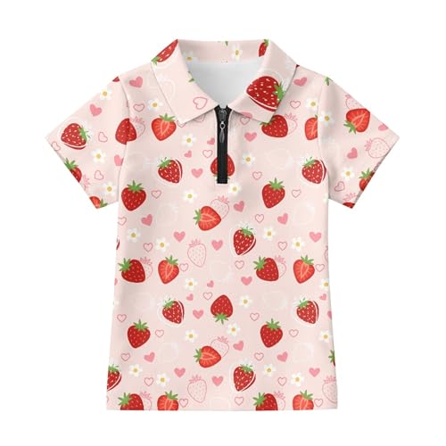 Polo de tennis pour fille anti-irritation col semi-zippé manches courtes motif fraise rose