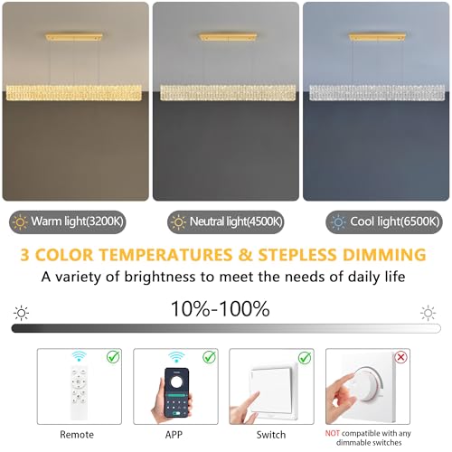 YLKP Rectangular Crystal Chandelier Dimmable LED Linear Chandeliers for Dining Room Remote Ceiling Pendants Light Fixture for Kitchen Island Gold by YLKP - Image 5