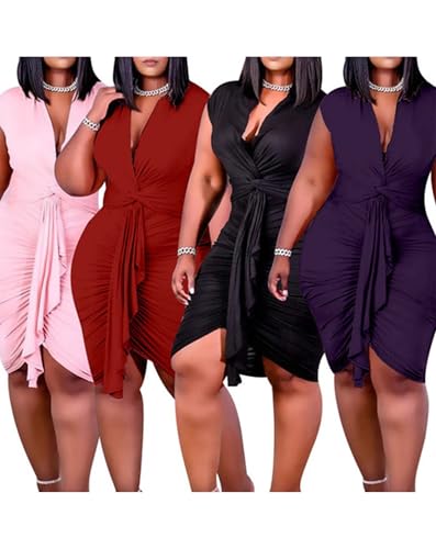 Image of IyMoo Women's Sexy Plus Size Bodycon Sleeveless Drawstring Ruched Mini Club Dresses