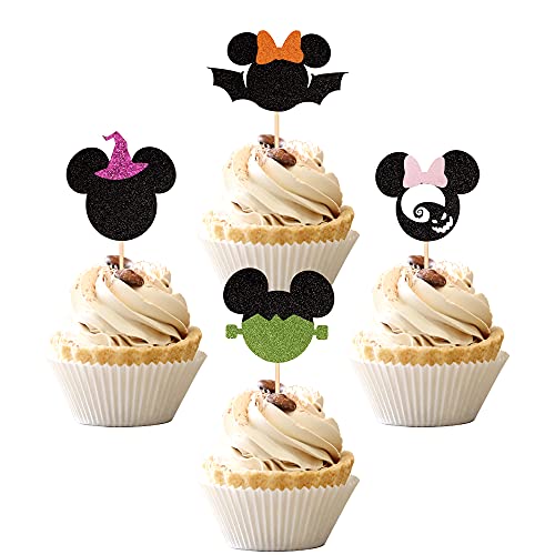 24 Pcs Gliter Mouse Inspired Halloween Cupcake Toppers Witch Hat Ghost Bat Cupcake Picks Happy Halloween Mini Theme Baby Shower Birthday Party Cake Decorations Supplies #TOP30
