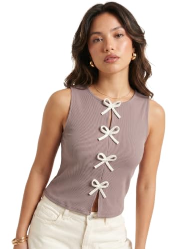 Image of Selvia Ribbed Bow Detail Sleeveless Crop Tops for Women Western