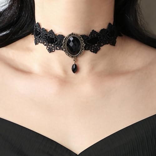 Qceasiy Gothic Black Necklace for Women, Adjustable Victorian Velvet Lace Collar, Steampunk Cosplay Jewelry Gift for Halloween Party(Black Gem Lace2) by Qceasiy - Image 2