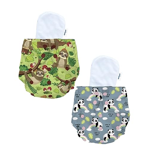 Image of Bumtum Baby Diaper | 0-3 Yrs Baby Freesize | Pack of 2, New Born Baby Diaper, Cloth Diaper, Waterproof Reusable Diaper, 5hrs Absorbency, Washable, Cotton Soaker, Extra Soft (Panda & Sloth)