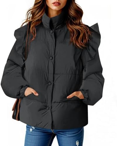 Tankaneo Womens Puffer Quilted Jacket Winter Ruffle Sleeve Button Down Padded Coat with Pockets