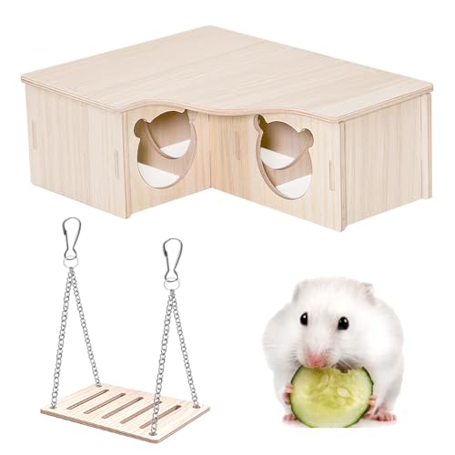 Zuxbolf Hamsterhaus aus Holz 22.5x18x7.8cm Meerschweinchenhaus Kaninchenhaus Hamster Haus Nagelfrei Meerschweinchen Versteck mit Schaukel Hamster Zubehör für Zwerghamster, Rennmäuse, Degus, Kleintiere
