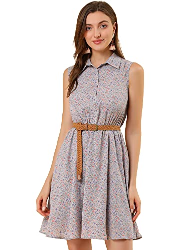 Image of Allegra K Women's Floral Printed Half Placket Above Knee Summer Sleeveless Belted Dress