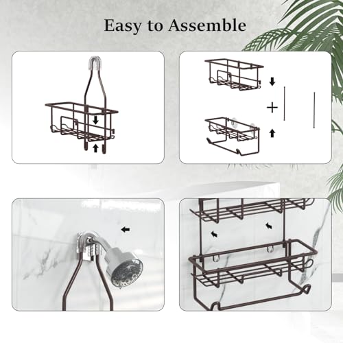 Shower Caddy Hanging over Shower Head Rust Roof Shower Organizer with 10 Hooks for Razor Shampoo Holder Bathroom Shower Rack Storage Shelf with Towel Bar – Bronze by TreeLen - Used condition - Image 6