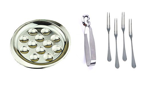 Set of Stainless Steel Plate Dishes Tong 4 Forks for Snail Escargot 12 Compartment Holes