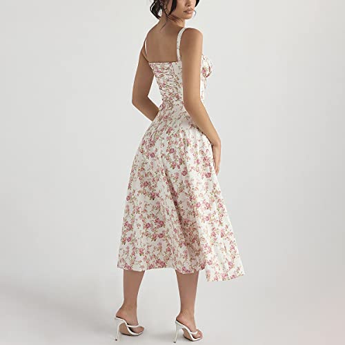 Image of Women Floral Corset Dress 2026 Boho Midi Sundress Summer Dress | Flowy A-Line Dress with Adjustable Spaghetti Straps Lace Up Back Front Slit High Waist for Vacation Wedding Guest