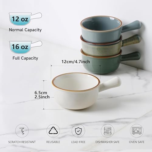 MONITO 16Oz French Onion Soup Bowls, Ceramic Soup Bowls with Handles, Stackable Soup Crocks Oven Safe for Chili, Beef Stew, Cereal,Casseroles Microwave & Dishwasher Safe, Set of 4 — view 2