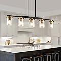XvmBvm 5-Light Kitchen Island Lighting,Dining Room Lights Modern Farmhouse Chandelier with Clear Glass Shade,Modern Rustic Black and Gold Metal Chandelier, Kitchen Pendant Light Fixtures Over Table
