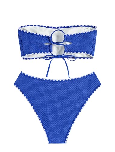 Image of ZAFUL Women's High Cut Bandeau Bikini Set Strapless Solid Color 2 Pieces Bathing Suit Swimsuit