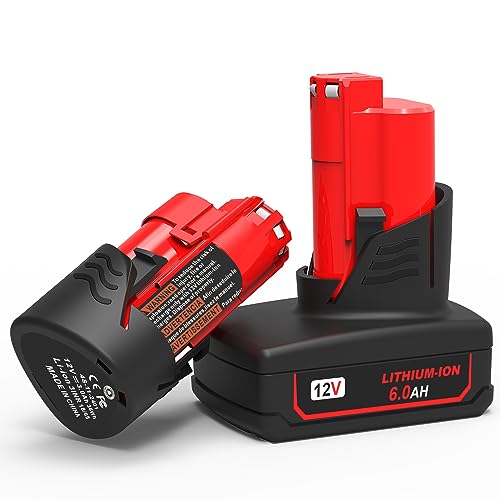 WORTHMAH Replacement for Milwaukee M12 Lithium-ion Battery 2 Packs 6.0Ah and 3.0Ah, for 48-11-2460 48-11-2440 Compatible with Milwaukee 12 Volt Cordless Tools