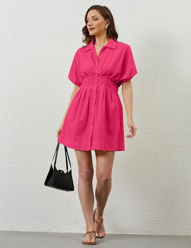 Image of calbatic Women Button Down Pleated Shirt Dress Striped Short Sleeve Summer Casual Business Flowy Mini Short Dress Rose Red