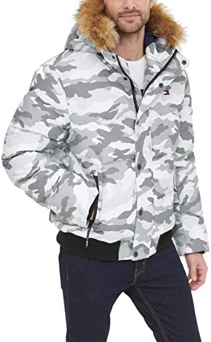 Tommy Hilfiger Men's Arctic Cloth Quilted Snorkel Bomber Jacket, White Camouflage, X-Large