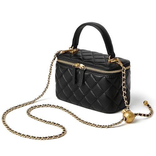 DORIS&JACKY Small Quilted Box Crossbody Purse For Women, Designer Lambskin Leather Mini Top Handle Tote Bag With Chain Strap