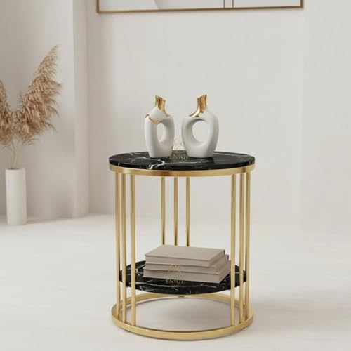 Image of Modern Coffee Table Metal Side Table with Marble Finish Top | 2-Tier Round End Table for Living Room & Bedroom (Black & Gold)
