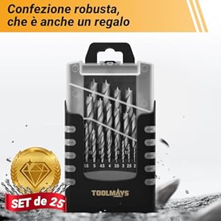 TOOLMAYS Set Punte per Legno HSS-G, 25 Pezzi Punta Trapano Legno 1-13 mm, Punte Legno Trapano Gradini da 0,5 mm