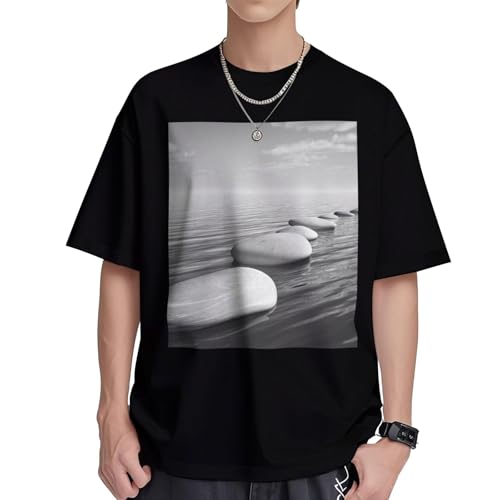 T-shirt en coton premium gris imprimé pierres zen avec finitions soignées col rond