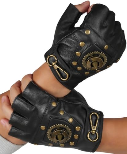 XWXLDD Steampunk Studded Leather Fingerless Gloves with Gear Detail, Black (Black A, One Size fits All)