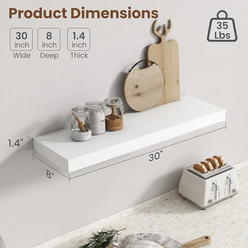 Image of 30 Inch Floating Shelves for Wall, 8 Inch Deep Floating Shelf for Storage & Display, Rustic Wall Mounted Shelf with Invisible Brackets for Living Room, Kitchen, Bathroom, Home Decor, Set of 2, White