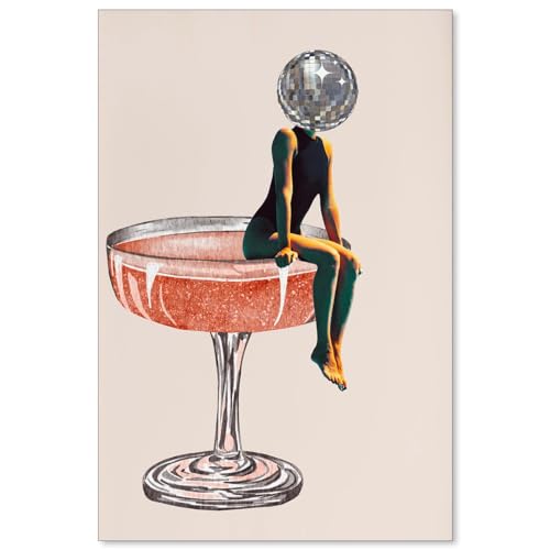 Sufeasdf Funky Disco Ball Girly Head Poster 70s Retro Cocktail Canvas Wall Art Trendy Vintage Beige Prints Painting for Family Bar Wall Decor 24x36 inch Unframed