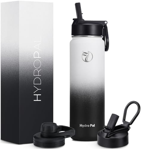 HydroPal 750ml Edelstahl Isolierflasche,Trinkflasche mit Strohhalm 2 Deckel | BPA-frei, 24h kalt & 12h heiß Vakuumflasche, auslaufsicher Wasserflasche, Stroh- und Ausgussdeckel Spo