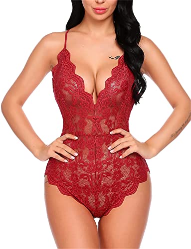 Manxing Lencería Mujer Sexy Body de Encaje Lenceria Cuello V Conjunto de Lencería Encaje Transparente Babydoll Una Pieza Ropa Interior Cover