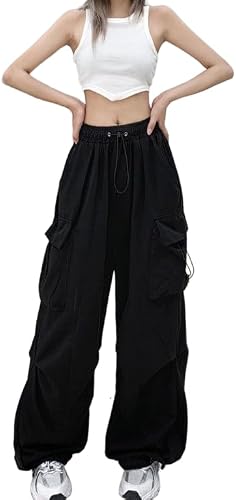 FENGQIYUNHAI Baggy Cargo Pants for Women Parachute Drawstring Ruched Track Pants Multiple Pockets Jogger Y2K Pants Black