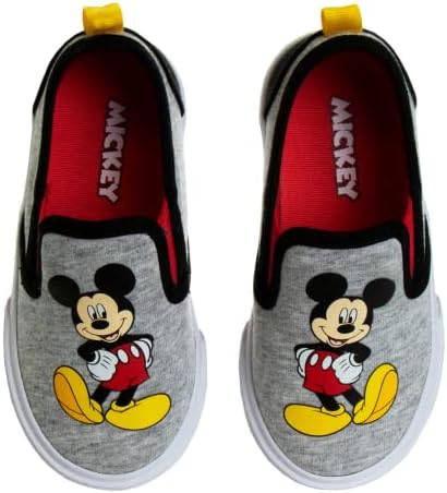 Josmo Disney Mickey Mouse Shoes - Kids Toddler Character Low top Slip-on Casual Fashion Tennis Boys Canvas Sneakers (Grey/Red) (Size 9 Toddler)