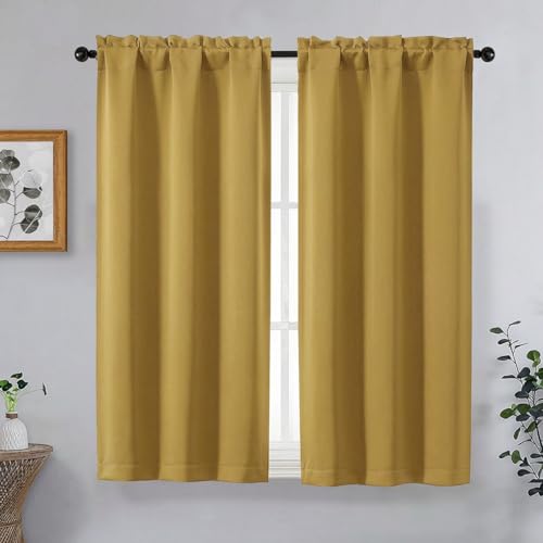 Image of Bright Gold Blackout Curtains for Bedroom 63 Inch Length 2 Panels, Protect Privacy Thermal Insulated Solid Curtains for Living Room, Rod Pocket Window Treatment Blackout Drapes, 2x40Wx63L