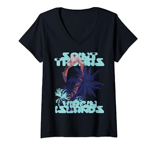 Mujer Islas Vírgenes Flamingo San Tomás Palmera Surf Beach Camiseta Cuello V