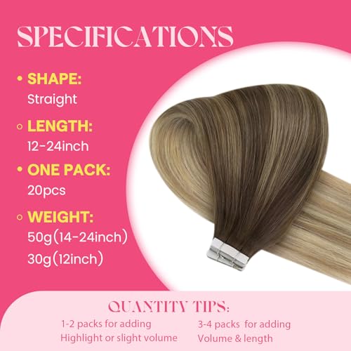 Image of Ve Sunny Hair Tape in Hair Extensions Human Hair 20Inch | Dark Golden Blonde Highlight Platinum Blonde,50g 20Pcs,Silky Straight,for Daily Wear