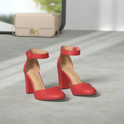 DREAM PAIRS DREAM PAIRS Women's High Heel Ankle Strap Closed Toe Chunky Wedding Party Pumps Shoes,Size 7,Red/Suede,Angela