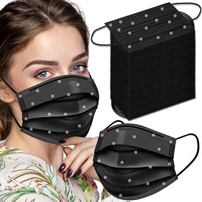 SteelManic 3 Layer Protection Disposable Face Mask | Non Woven Fabric | White and Black Polka Dots Mask with Nose Pin (Pack of 100, 3 Ply)