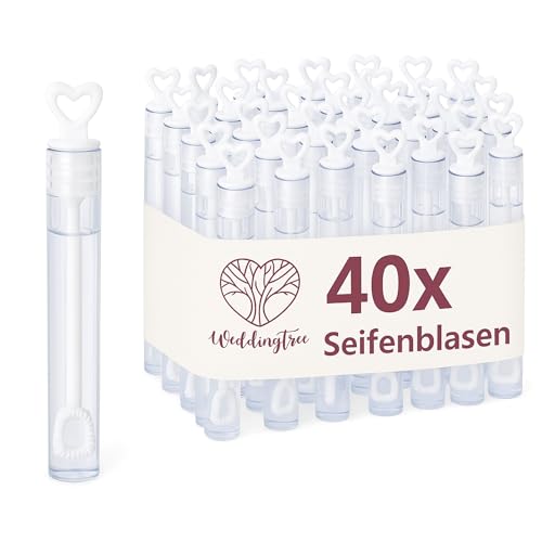 WeddingTree Seifenblasen Hochzeit Set in weiß - 48 teilig mit Herzgriff - herzallerliebst für Hochzeit Taufe Geburtstag Goldene Hochzeit Verlobung Valentinstag Gastgeschenk Party