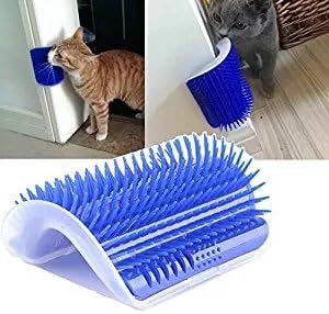 Homiego Cat Self Groomer with Catnip, Cat Corner Massage Brush Grooming Comb Toy Tool for Cats with Long & Short Fur (Blue)