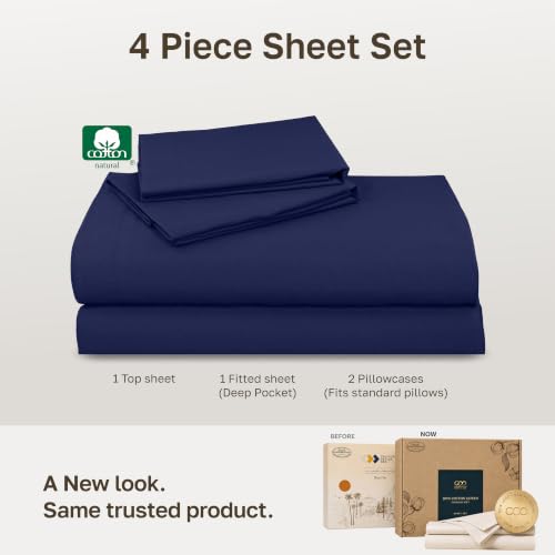 Image of Soft Natural 100% Cotton Sateen Deep Pocket Full Size Sheets Set, Navy Blue
